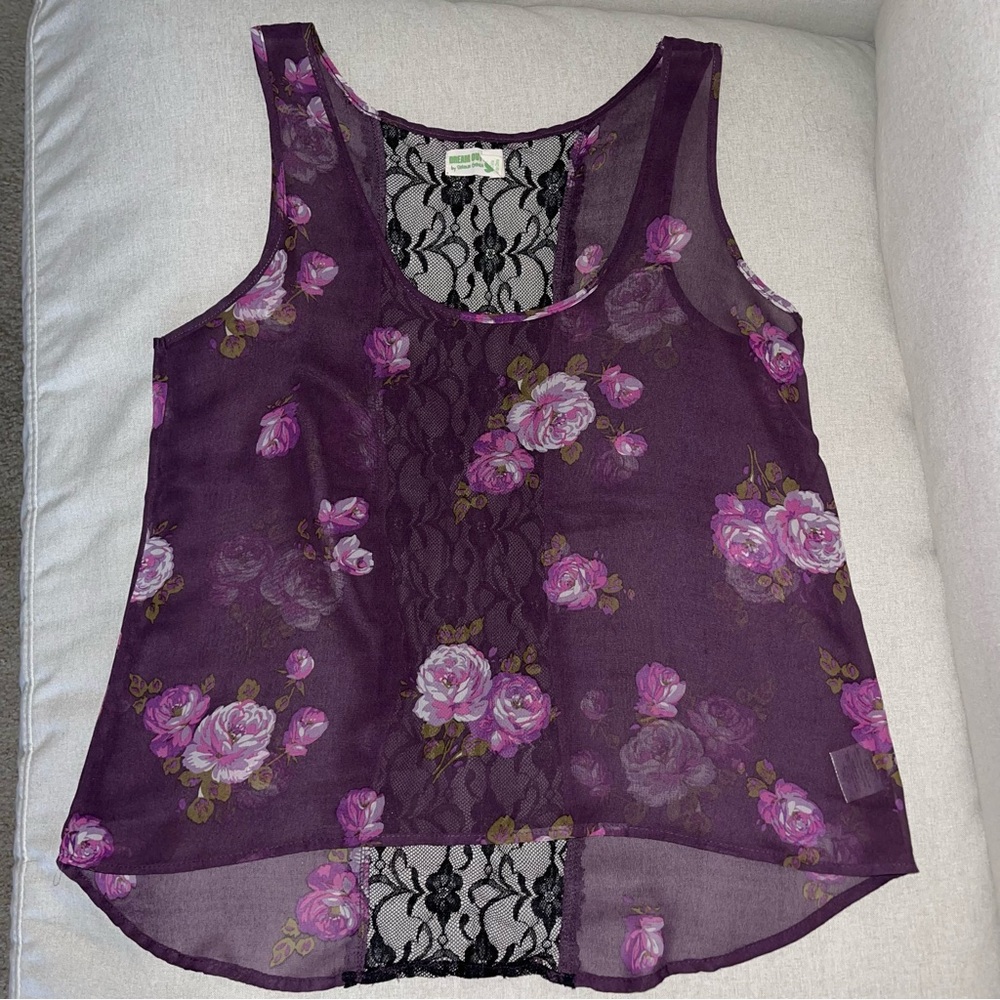 Dream Out Loud Purple Floral Sleeveless Top w/ Black Lace Back
